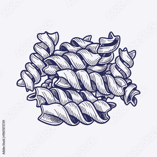 Fusilli pasta spiral cluster. Vintage engraving style vector illustration. Hand-drawn Italian food element isolated on white