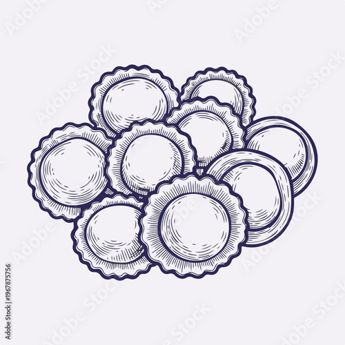Ravioli pasta dumplings group. Hand drawn engraving style vector illustration. Italian food element isolated on white