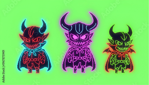 Set of Neon Glow Pixel Art Devil Monsters with Horns and Capes