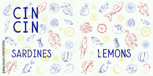 Colorful illustration featuring fish lemons and the word cin cin repeated