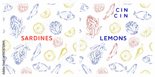 A playful pattern of sardines lemons and artichokes in sketched style