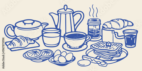 A blue line drawing depicts a delightful breakfast spread with various items