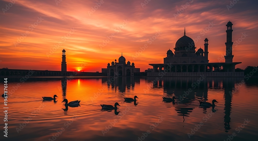 Obraz premium Serene Mosque Landscape at Sunset with Ducks.