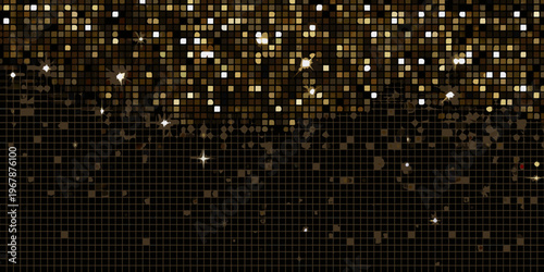Abstract background of shimmering gold squares and scattered sparkles