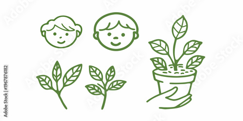 Simple green sketches depicting faces and potted plant life