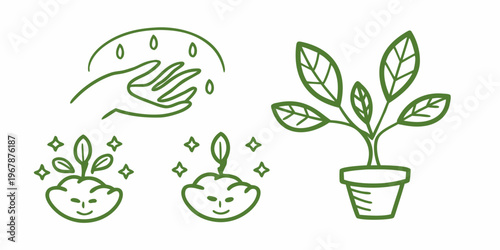 Growing plant stages illustrated with a hand and sprouting seedlings