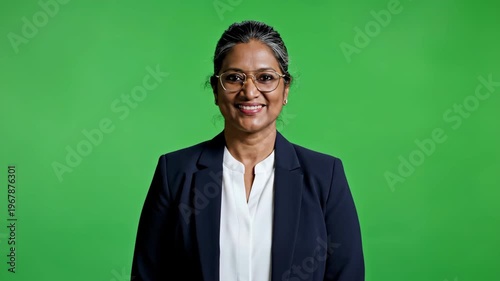 Confident professional woman smiling in business attire against green screen