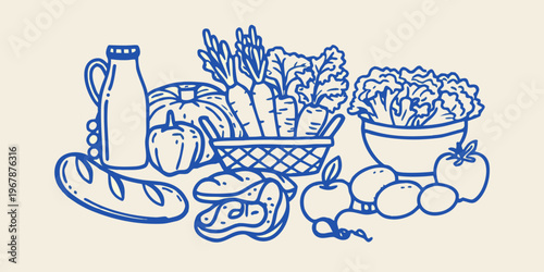 A blue line drawing depicting a still life arrangement of fresh produce