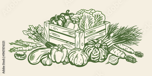 A wooden crate overflowing with a vibrant assortment of fresh produce