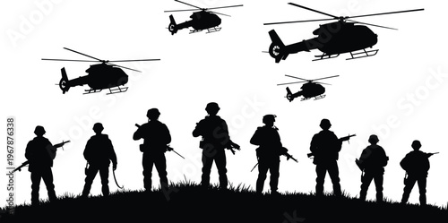 Military soldiers squad silhouettes standing on grass hill with helicopters flying in sky isolated on white background for war concept