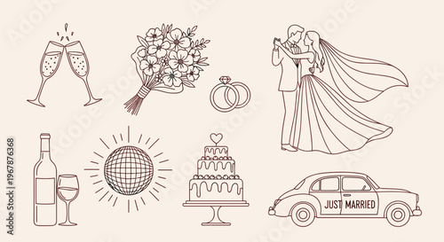 Wedding celebration elements including couple, cake, rings, and car.