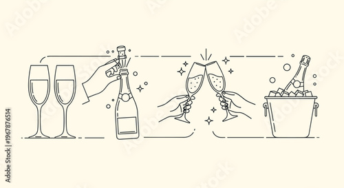 Champagne celebration with clinking glasses, popping cork and ice bucket.