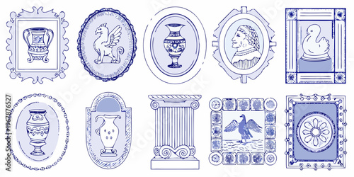 Collection of vintage blue and white decorative art sketches