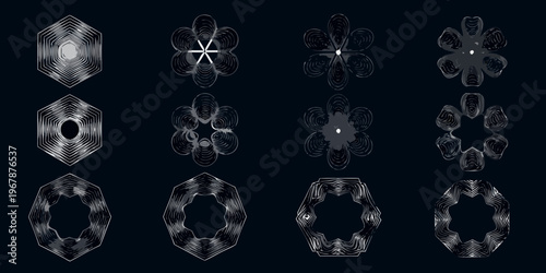 Abstract geometric shapes resembling crystalline structures on a dark background