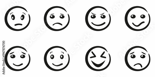 Eight simple black and white face icons displaying various emotions