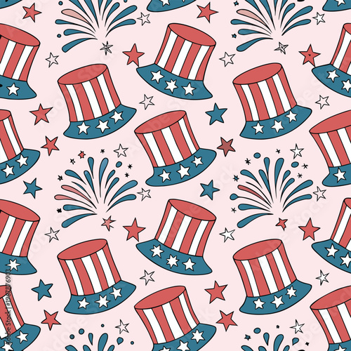 Seamless pattern with uncle sam hats fireworks and stars on pink