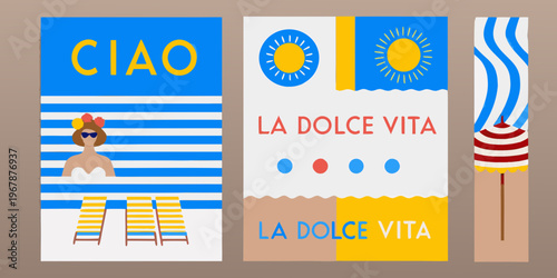 Colorful italian summer scene with woman beach chairs and text