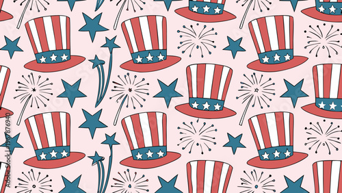 Seamless pattern of patriotic uncle sam hats stars and fireworks