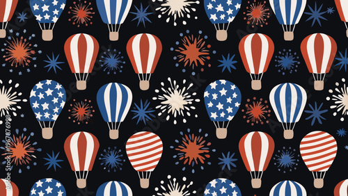 Seamless pattern of colorful hot air balloons and festive fireworks
