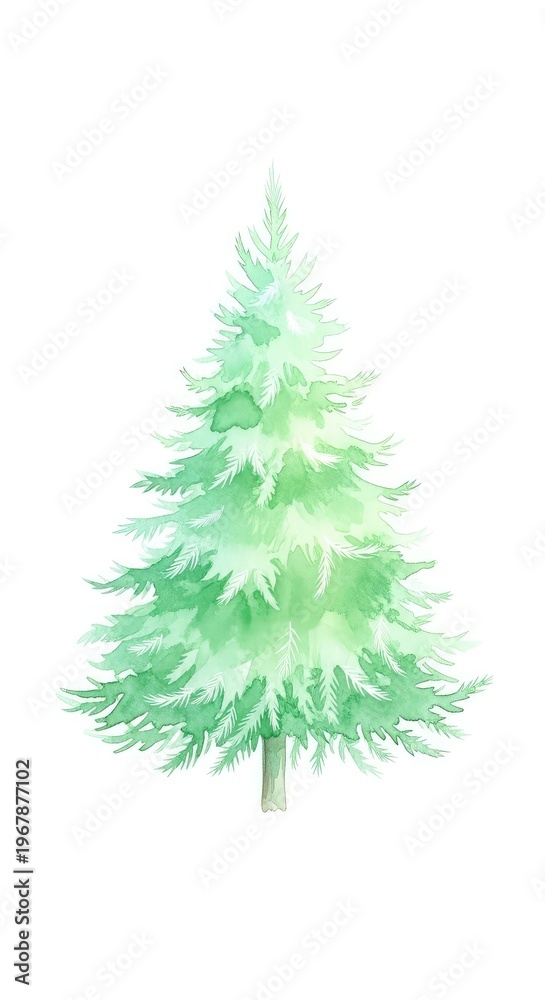 Fototapeta premium An ethereal watercolor illustration of a minimalist Christmas tree showcases soft pastel green hues, light brushstrokes, and a calm spirit, foliage, green, serene