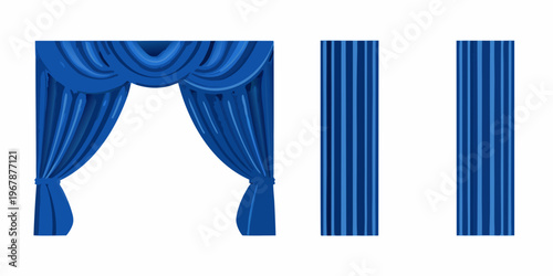 Blue curtains and drapery panels against a plain white background