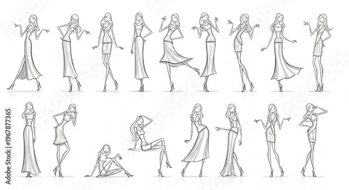 Fashion Croquis Designer Female Stylized Body Movement Vector Figure Illustration Set