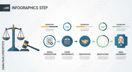 Law infographic steps for legal process flowchart with scales and gavel