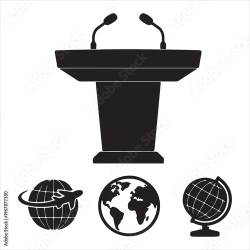 A podium and globe icons for a global presentation