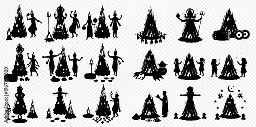 Set of black silhouettes of people celebrating traditional holidays around bonfires and decorated trees.