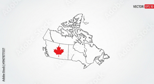 Map of canada with red canadian flag highlighted on white background