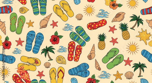 Vibrant beach pattern with flip flops palm trees and tropical symbols on a sunny background