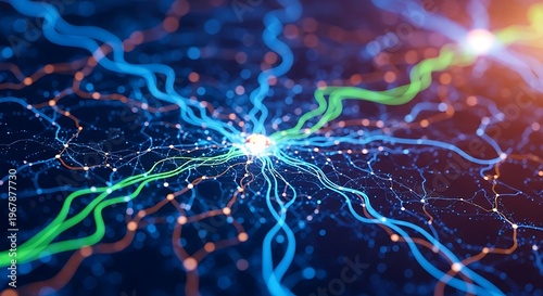 A neuron with glowing blue and green branches