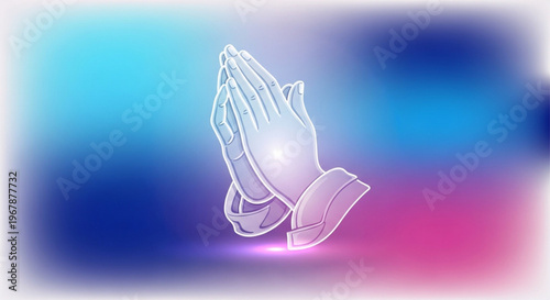 Praying hands with glowing light symbolizing hope and spirituality against a colorful abstract background
