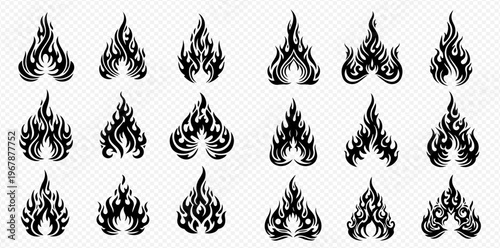 Collection of various fire flame shapes and burning elements, featuring abstract heat and blaze designs for decorative purposes.