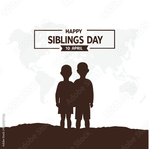 Happy siblings day illustration with silhouetted children and world map background