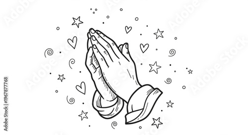 Praying hands surrounded by hearts stars and swirls symbolizing hope and spirituality in a simple line drawing
