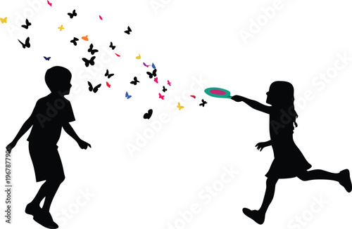 Children playing with a frisbee surrounded by colorful butterflies