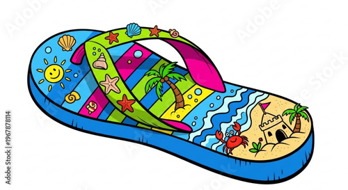Colorful beach flip flop with tropical designs and patterns on a white background