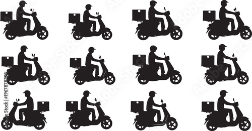 Silhouettes of delivery riders on scooters with boxes on white background