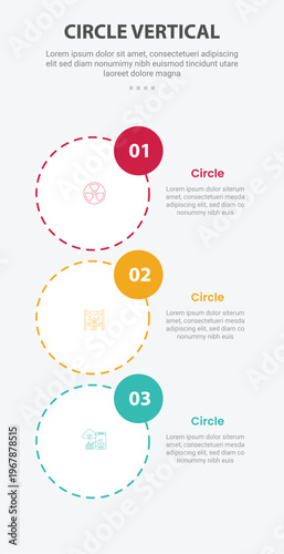 Circle base shape mobile vertical template infographic with dotted outline with small bold badge on top right for mobile smartphone content with 3 points