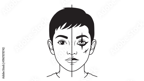 Half face comparison showing skin condition analysis, dermatology treatment results and medical skincare consultation business concept
