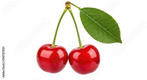 Two bright red cherries hang together from a single green stem with a lush leaf, captured in high detail against a clean white background, red, ripe, produce