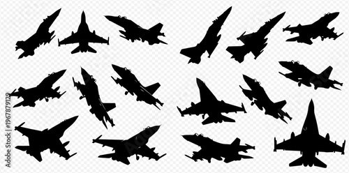 Collection of various fighter jet silhouettes in different flight poses against a transparent background.