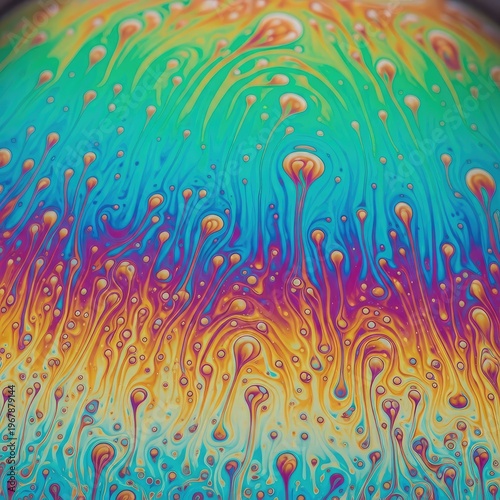 Vibrant abstract background with iridescent soap bubble reflections shifting through emerald green, bright pink, and shimmering golden yellow, wave, spectrum, pattern