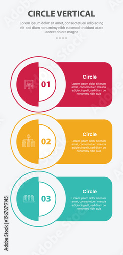 Circle base shape mobile vertical template infographic with big circle left with round rectangle box extension with stacked list for mobile smartphone content with 3 points