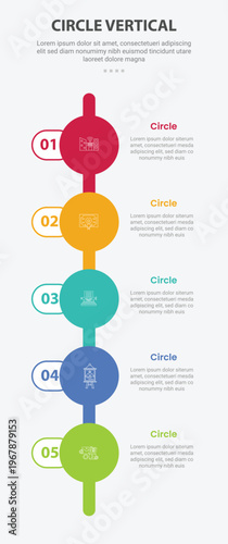 Circle base shape mobile vertical template infographic with linked circle with round outline box and thick vertical connector for mobile smartphone content with 5 points