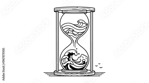 A minimalist line art illustration of an hourglass with swirling sand on a white background