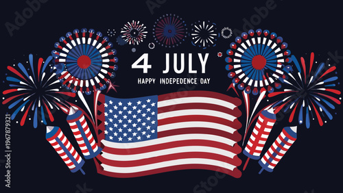 Celebratory fireworks and an american flag for the fourth of july