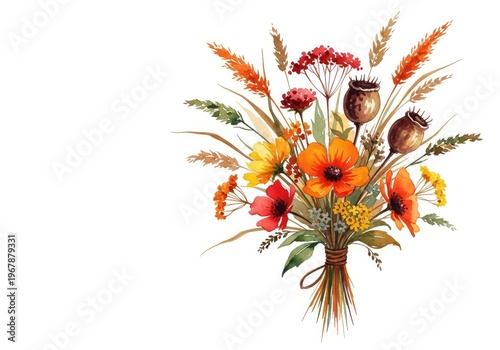 Vibrant orange watercolor autumn bouquet featuring rustic meadow flowers and garden botanicals in a bohemian style for wedding decor, fall, autumn, orange