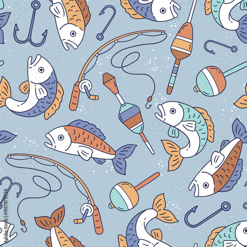 Seamless vector pattern with fish, fishing rod, lure and hook on isolated background. Hand drawn sea fishing illustration. Perfect for textile, wallpaper or print design.
